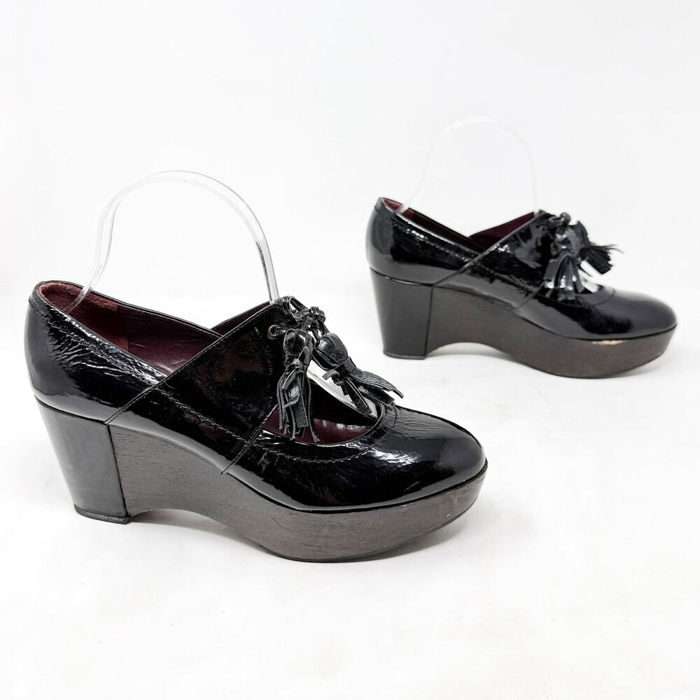 [Sonia Rykiel] Black Patent Leather Platform Wedges Tasseled Oxford Heels Sz 7.5